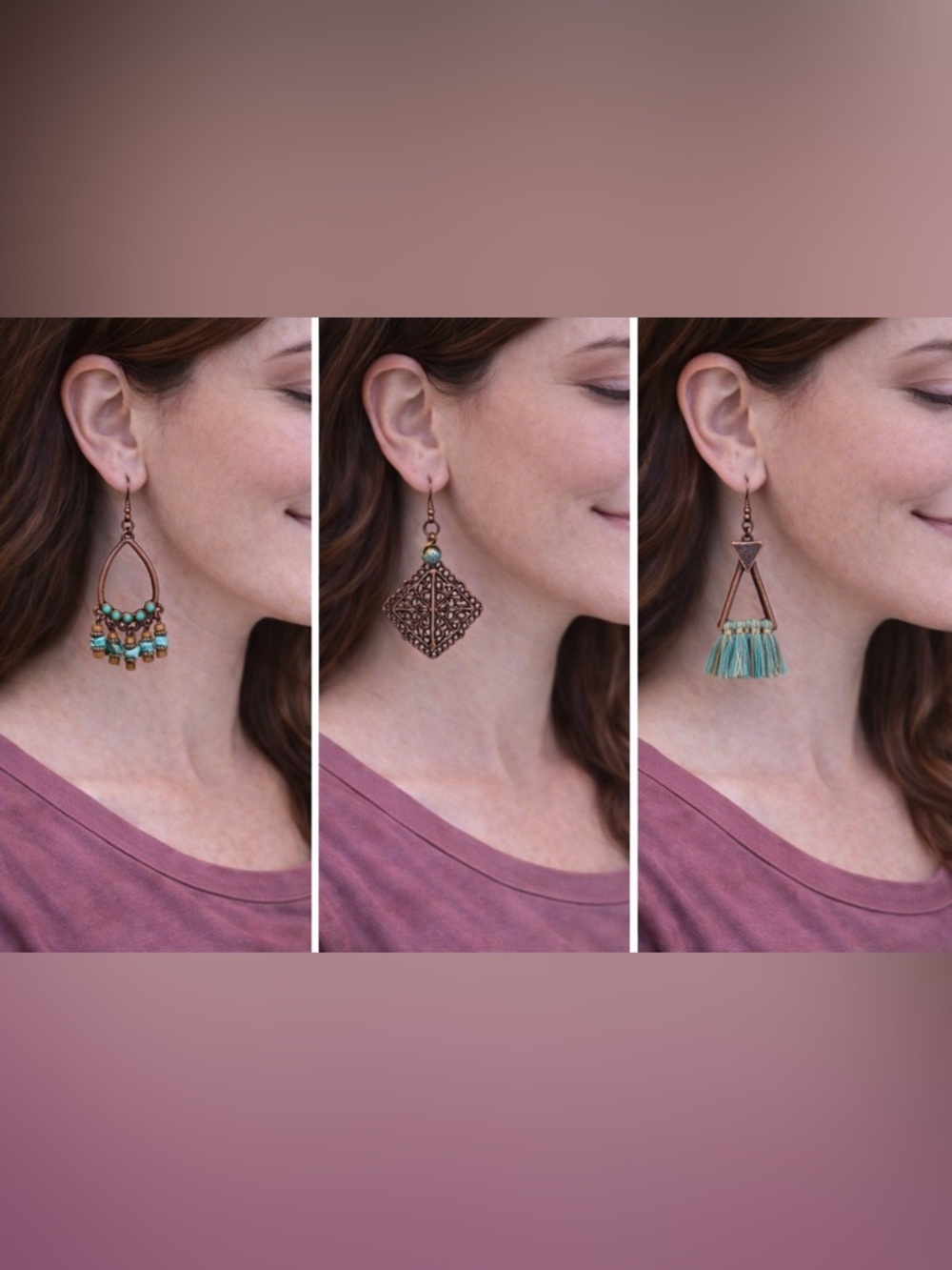 Boho Artisan Turquoise and Bronze Earring Trio #2033 - Picture 3 of 3